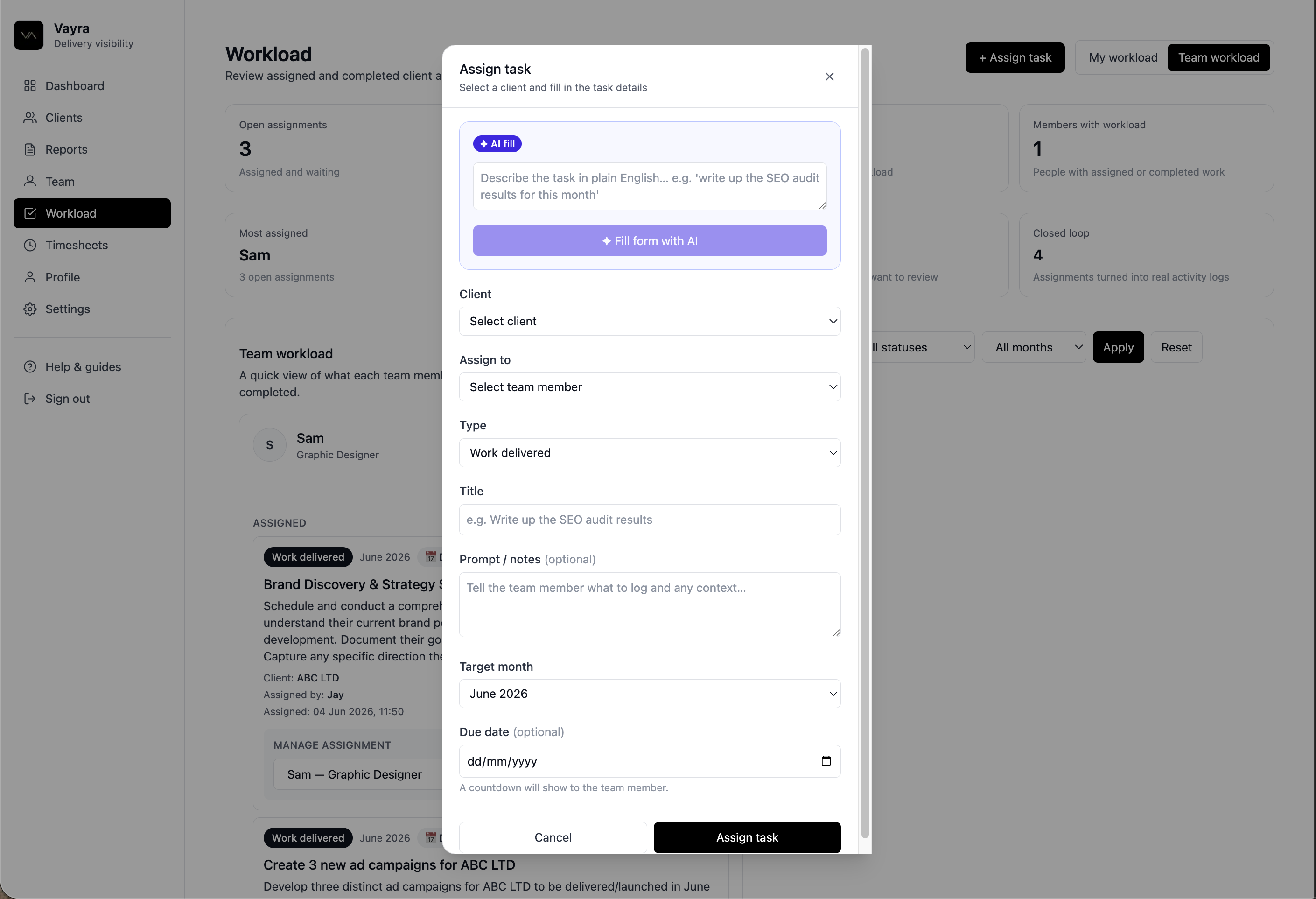 Vayra AI workload assistant — fill assignment form from plain English